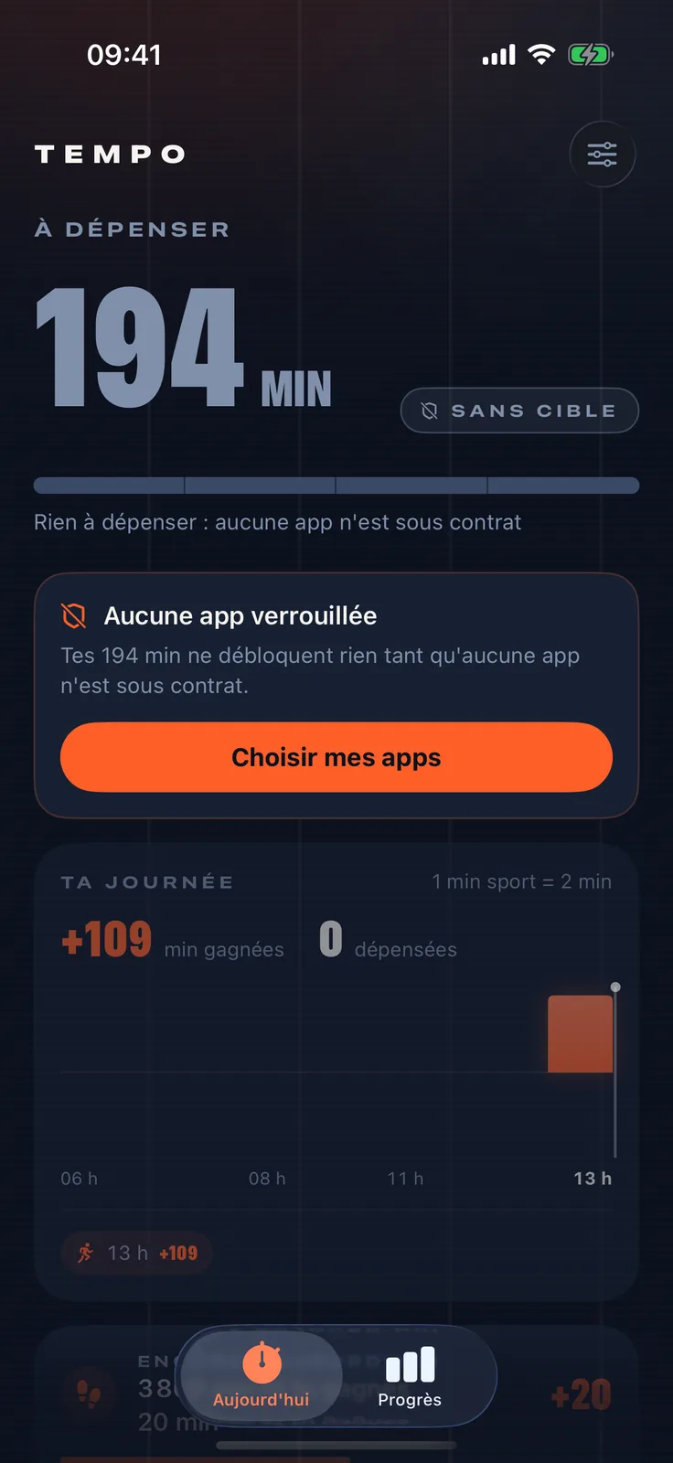 L'écran d'accueil de Tempo
